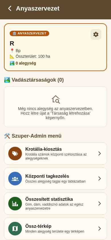 Anyaszervezet nézet: alegységek és admin funkciók